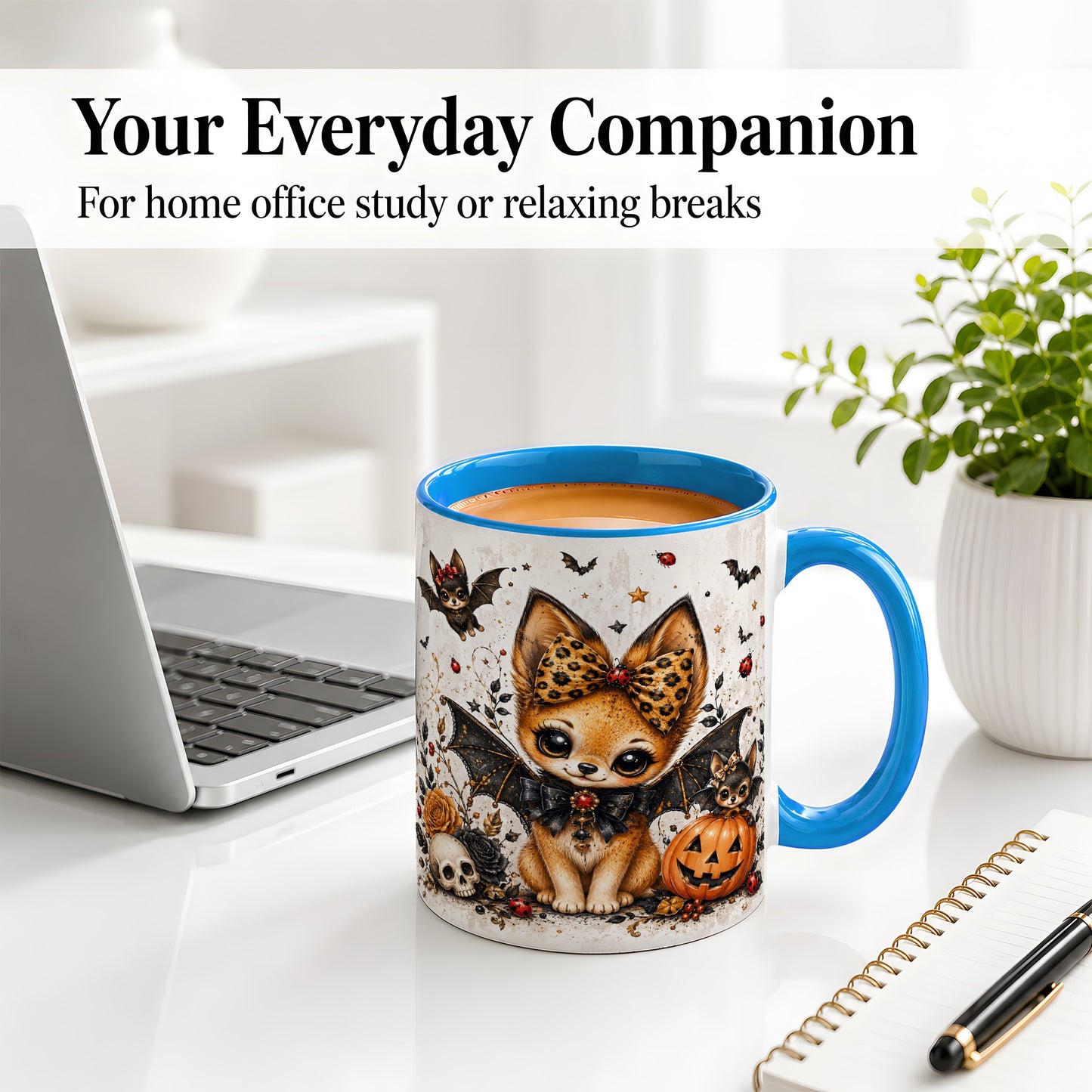 #pl[11oz|Blue] Cute Halloween Fox Ceramic Coffee Cup, Mug with Bat Wing Artwork