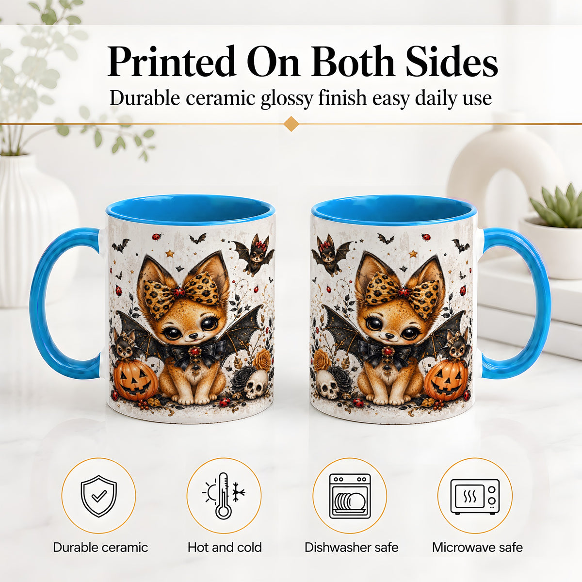 #pl[11oz|Blue] Cute Halloween Fox Ceramic Coffee Cup, Mug with Bat Wing Artwork