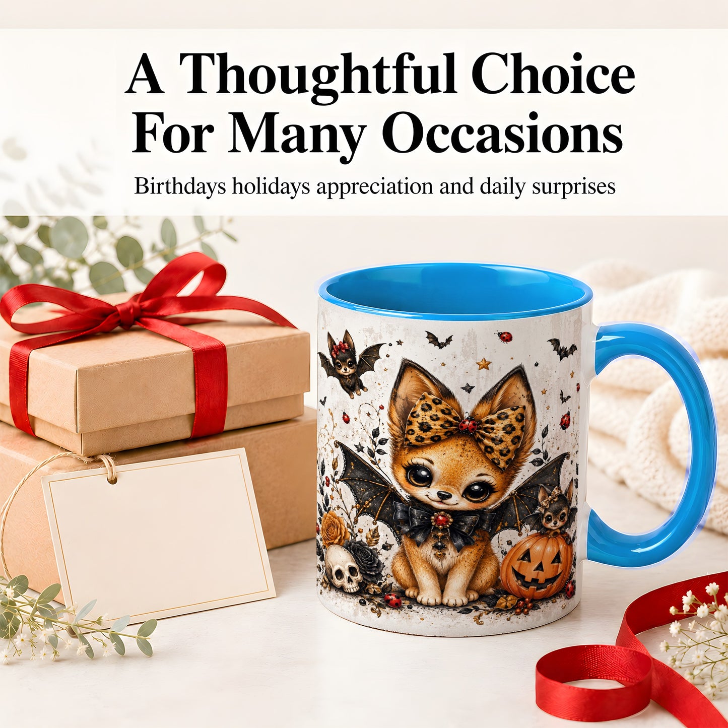 #pl[11oz|Blue] Cute Halloween Fox Ceramic Coffee Cup, Mug with Bat Wing Artwork