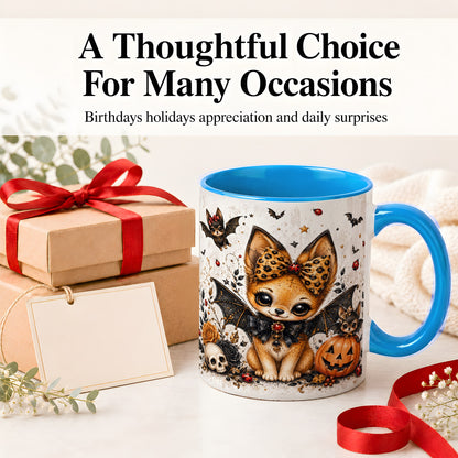 #pl[11oz|Blue] Cute Halloween Fox Ceramic Coffee Cup, Mug with Bat Wing Artwork