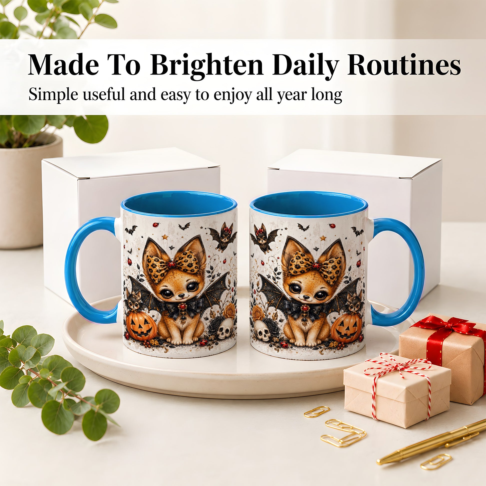 #pl[11oz|Blue] Cute Halloween Fox Ceramic Coffee Cup, Mug with Bat Wing Artwork