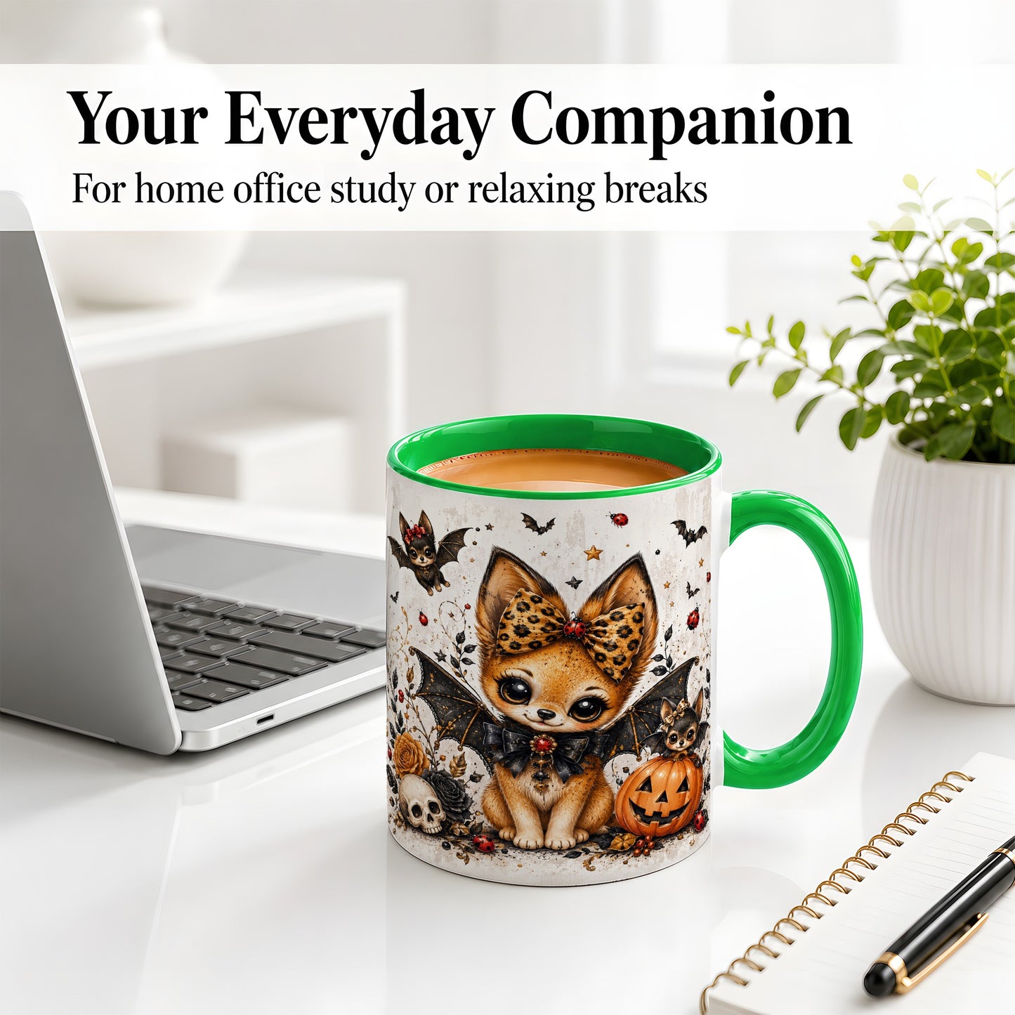 #pl[11oz|Green] Cute Halloween Fox Ceramic Coffee Cup, Mug with Bat Wing Artwork