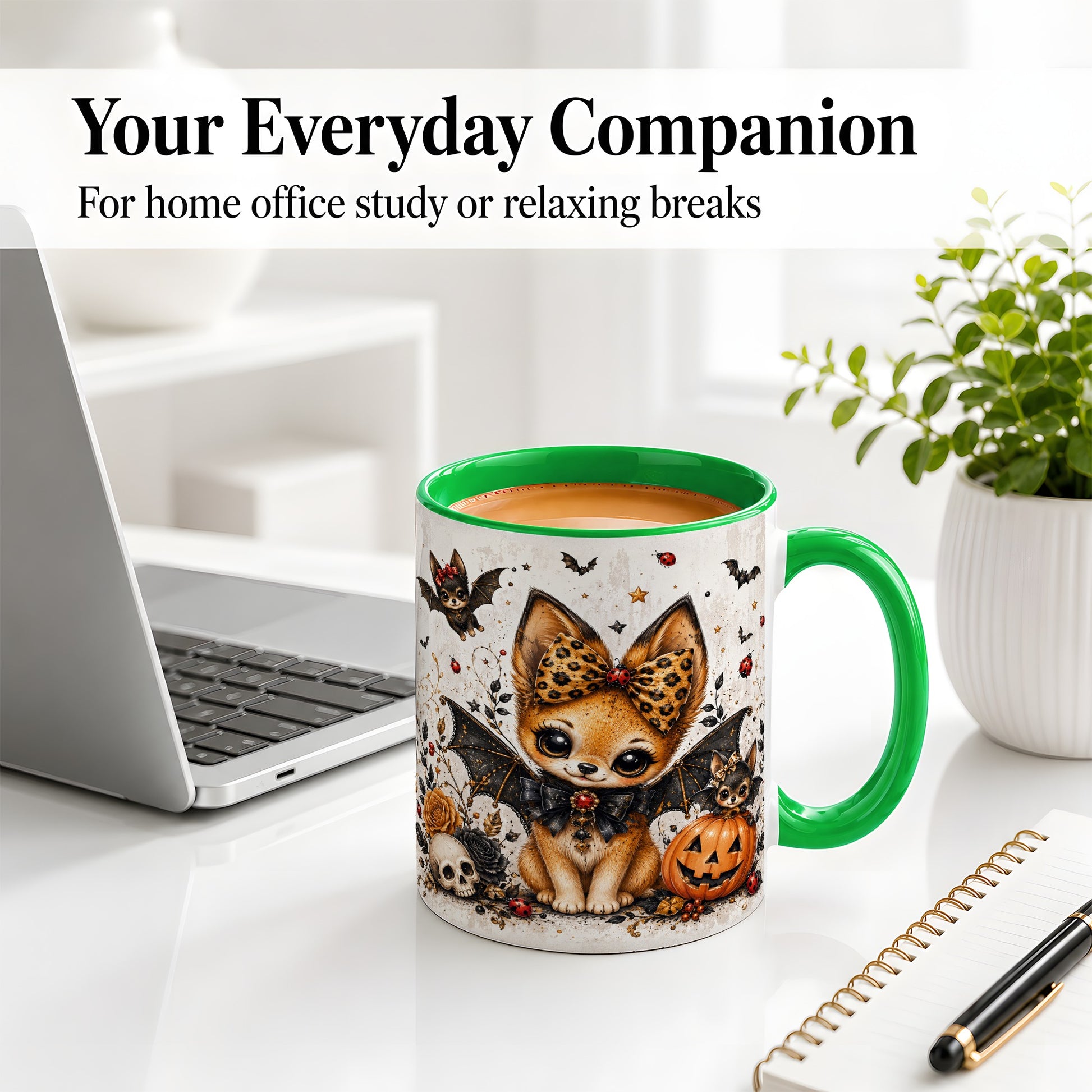 #pl[11oz|Green] Cute Halloween Fox Ceramic Coffee Cup, Mug with Bat Wing Artwork