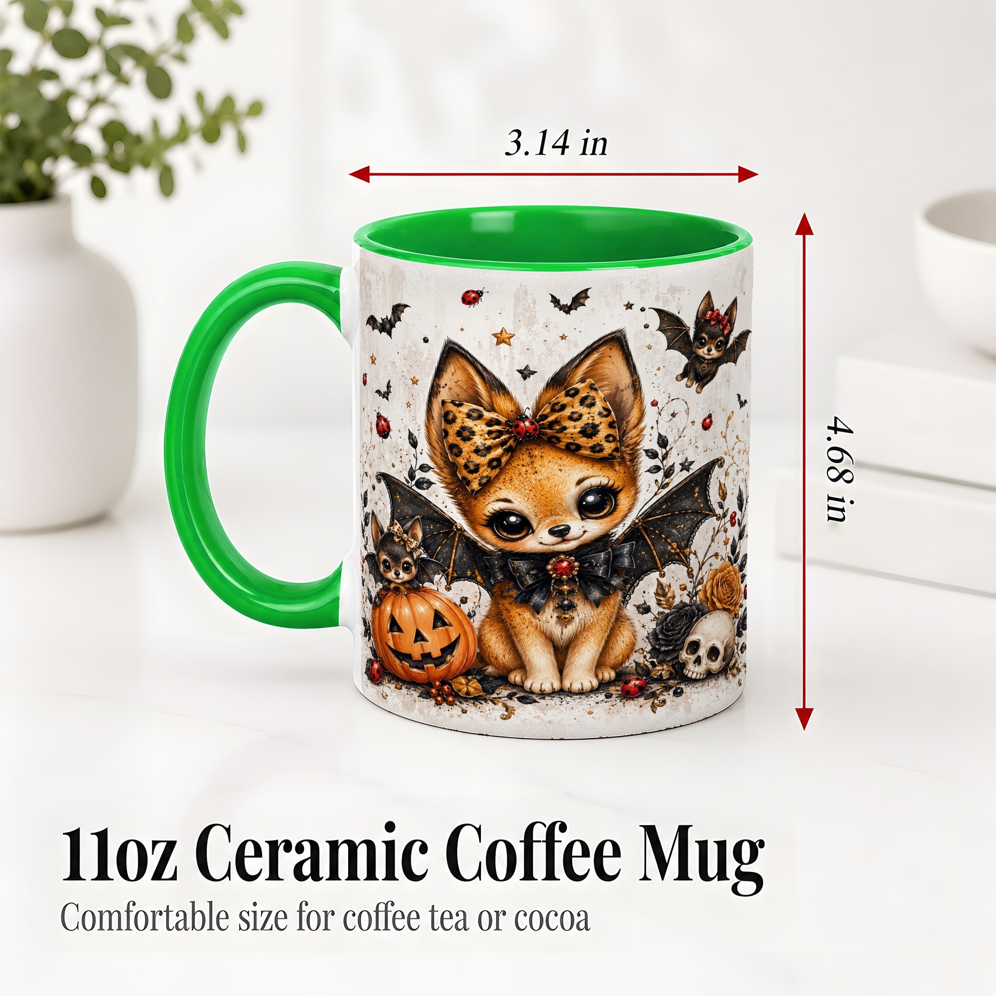 #pl[11oz|Green] Cute Halloween Fox Ceramic Coffee Cup, Mug with Bat Wing Artwork
