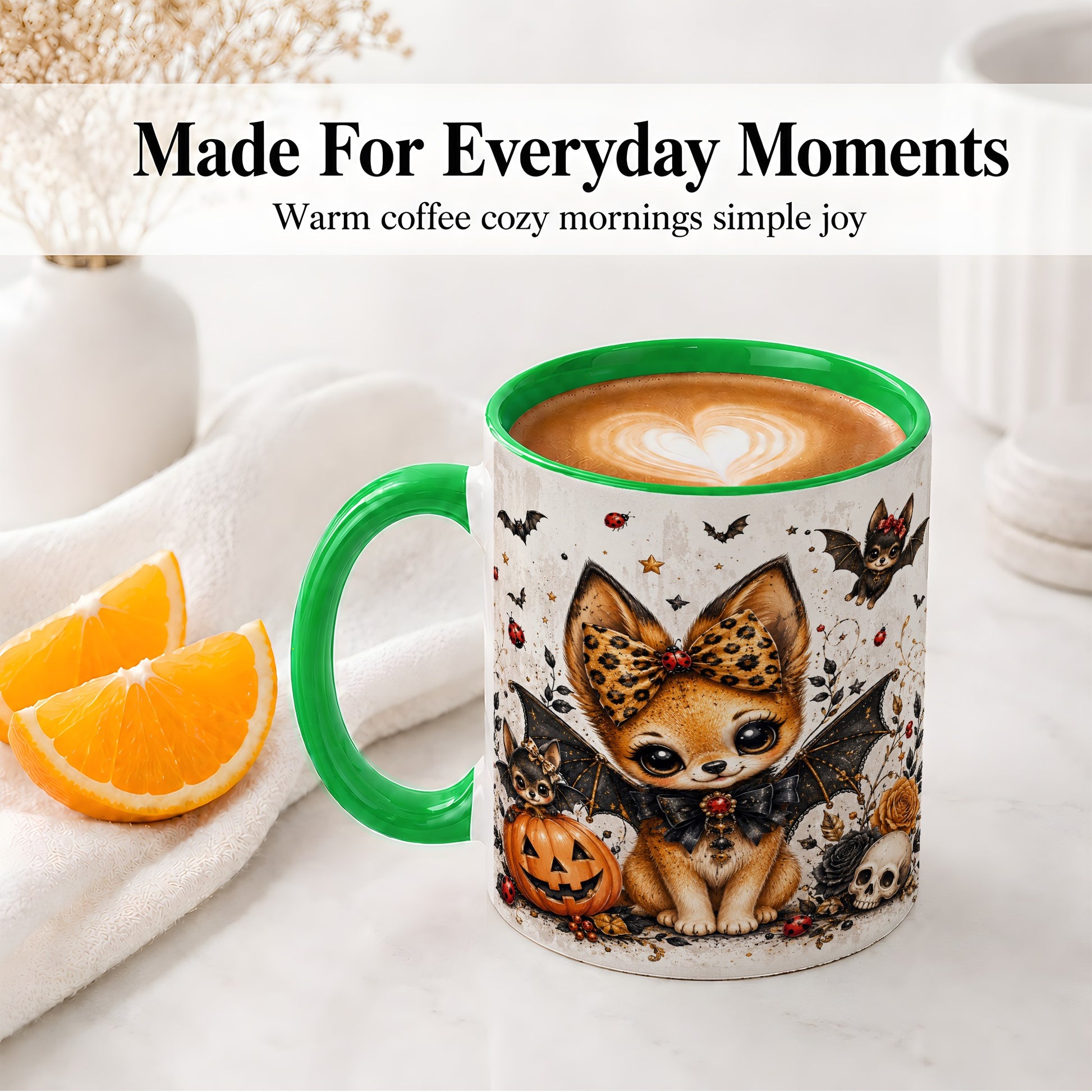 #pl[11oz|Green] Cute Halloween Fox Ceramic Coffee Cup, Mug with Bat Wing Artwork