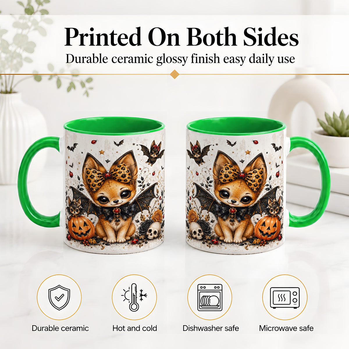 #pl[11oz|Green] Cute Halloween Fox Ceramic Coffee Cup, Mug with Bat Wing Artwork