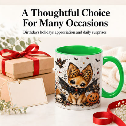 #pl[11oz|Green] Cute Halloween Fox Ceramic Coffee Cup, Mug with Bat Wing Artwork