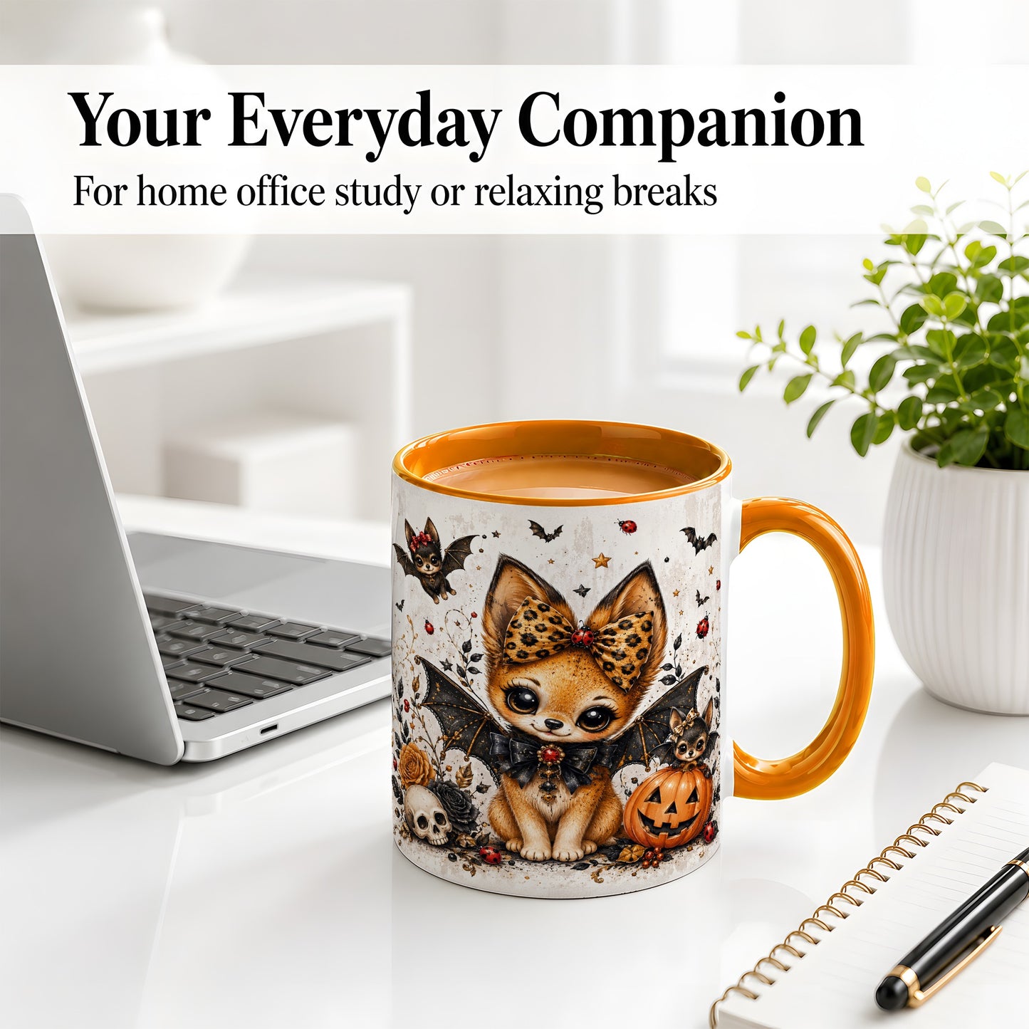 #pl[11oz|Orange] Cute Halloween Fox Ceramic Coffee Cup, Mug with Bat Wing Artwork