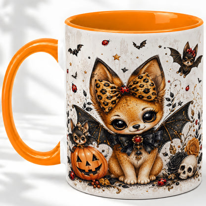 #pl[11oz|Orange] Cute Halloween Fox Ceramic Coffee Cup, Mug with Bat Wing Artwork