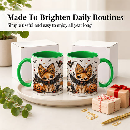 #pl[11oz|Green] Cute Halloween Fox Ceramic Coffee Cup, Mug with Bat Wing Artwork