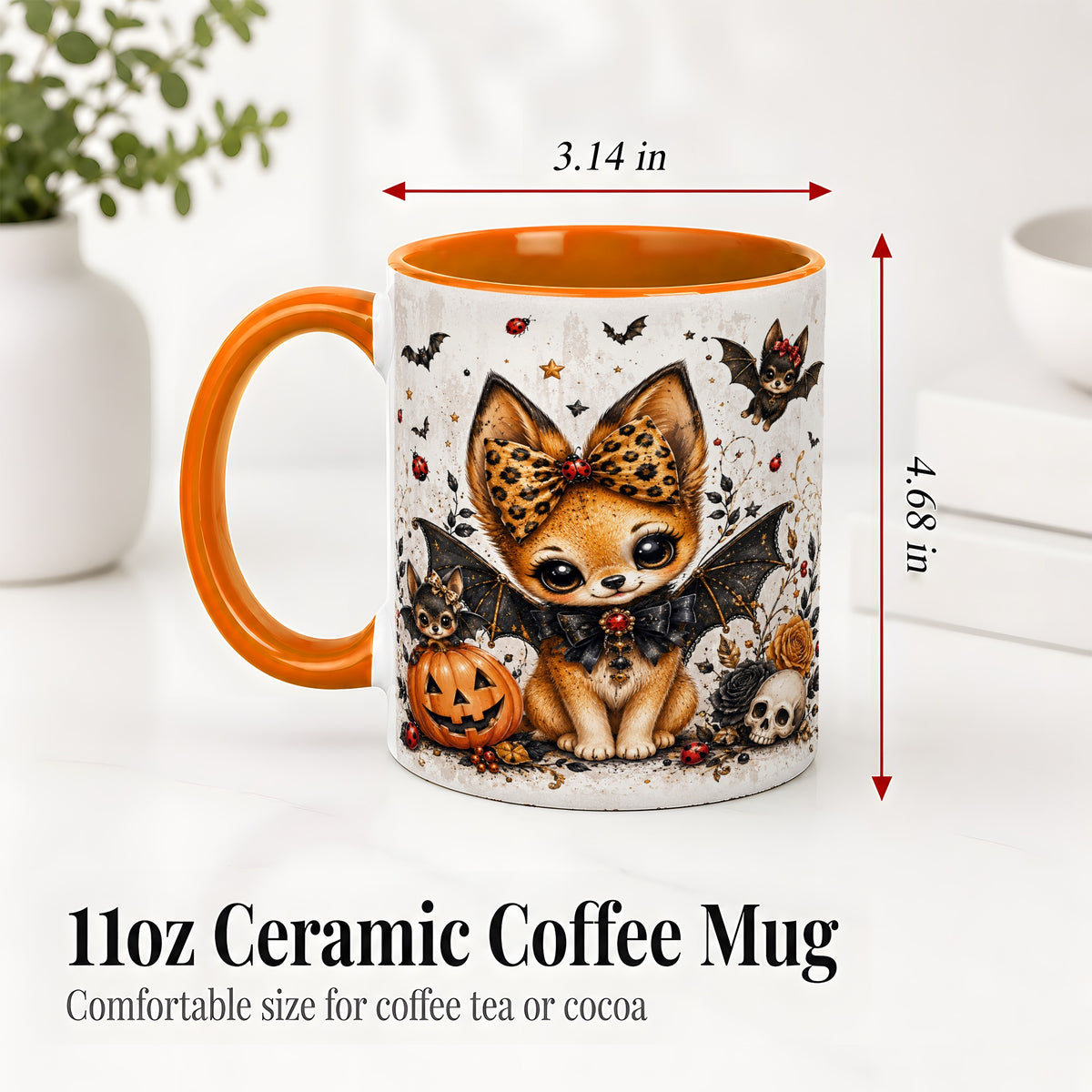 #pl[11oz|Orange] Cute Halloween Fox Ceramic Coffee Cup, Mug with Bat Wing Artwork