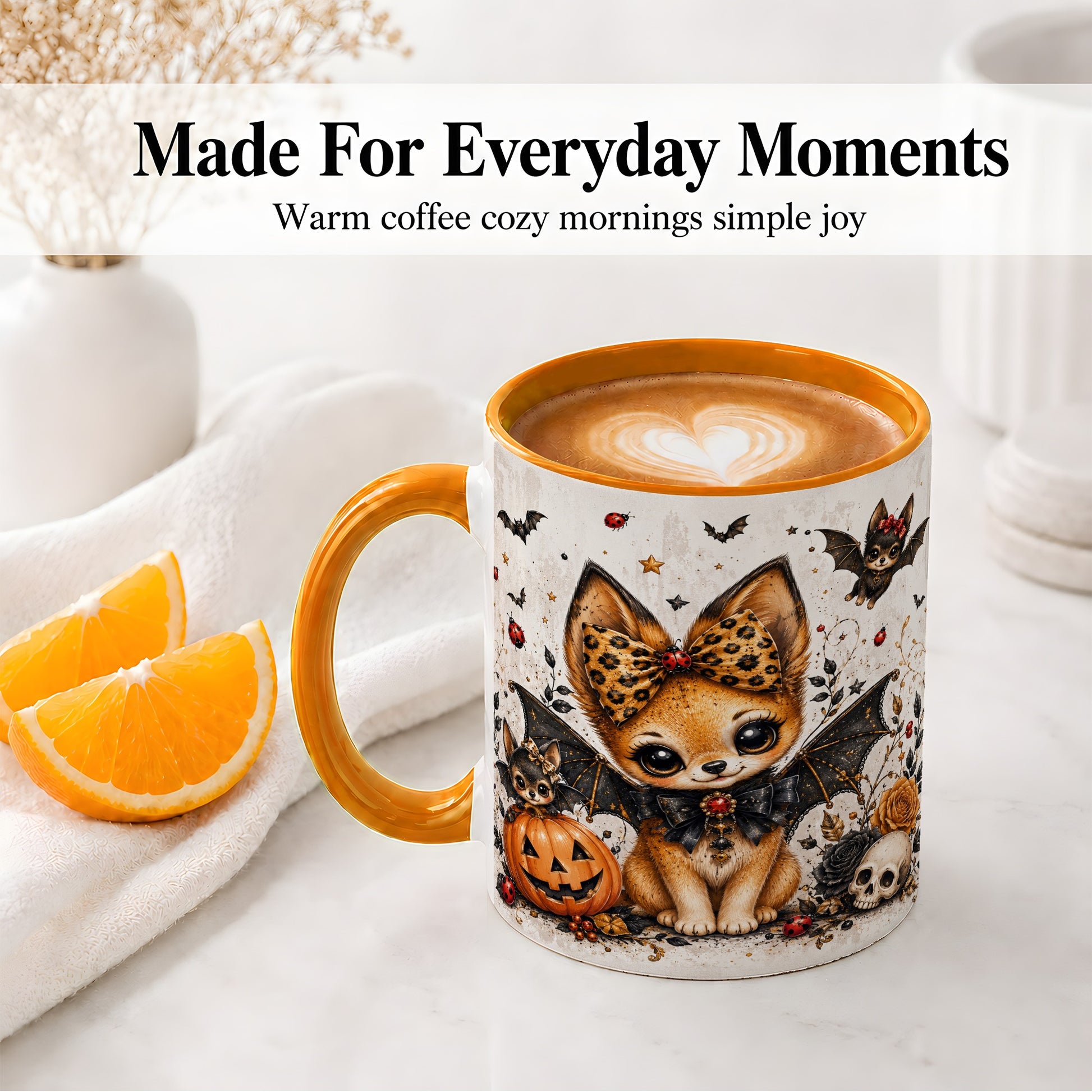 #pl[11oz|Orange] Cute Halloween Fox Ceramic Coffee Cup, Mug with Bat Wing Artwork