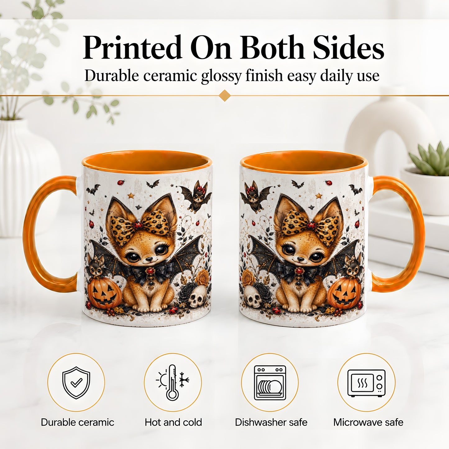 #pl[11oz|Orange] Cute Halloween Fox Ceramic Coffee Cup, Mug with Bat Wing Artwork