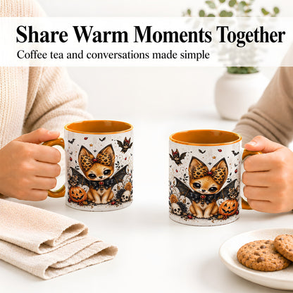 #pl[11oz|Orange] Cute Halloween Fox Ceramic Coffee Cup, Mug with Bat Wing Artwork