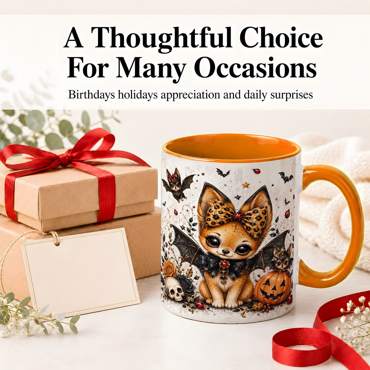 #pl[11oz|Orange] Cute Halloween Fox Ceramic Coffee Cup, Mug with Bat Wing Artwork