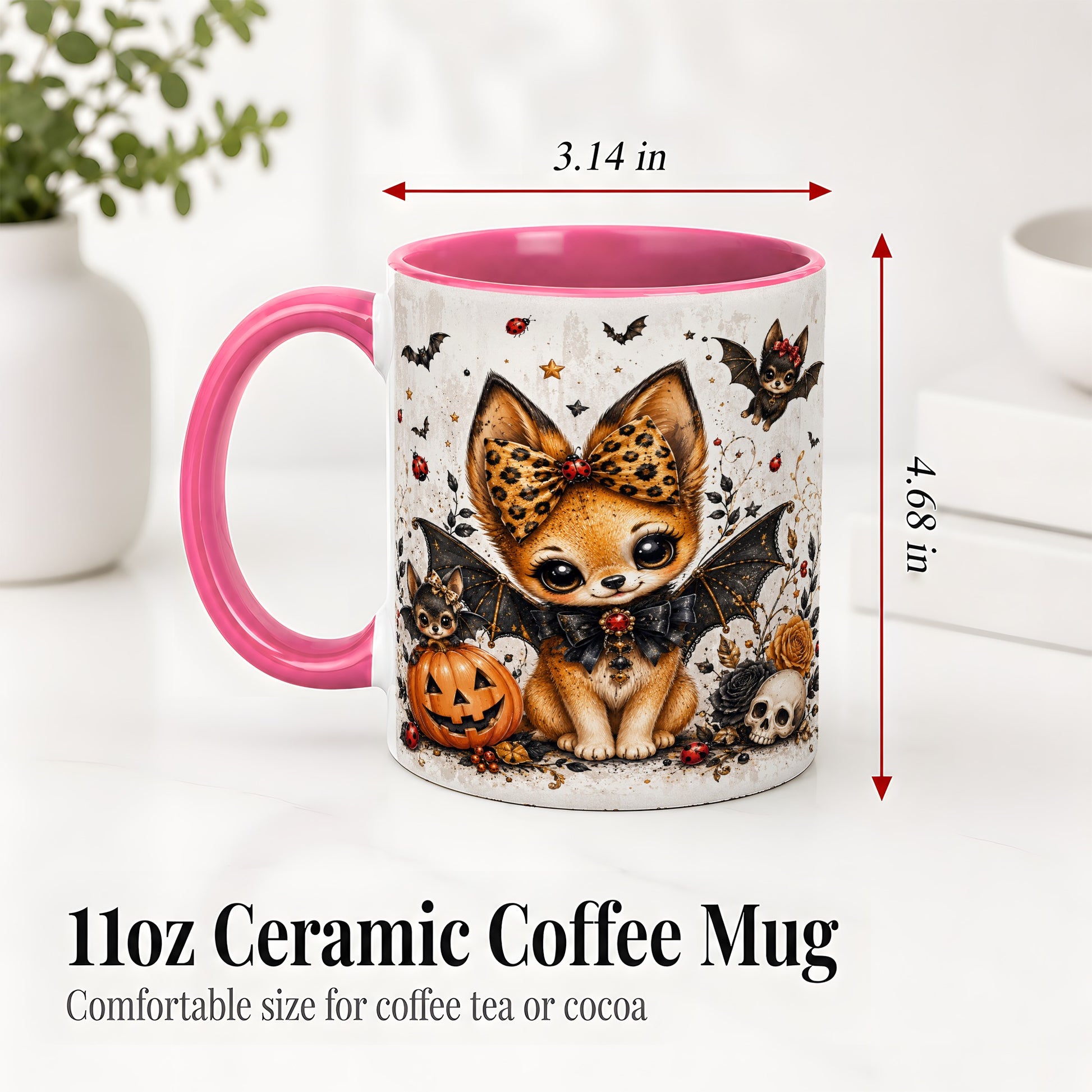 #pl[11oz|Pink] Cute Halloween Fox Ceramic Coffee Cup, Mug with Bat Wing Artwork