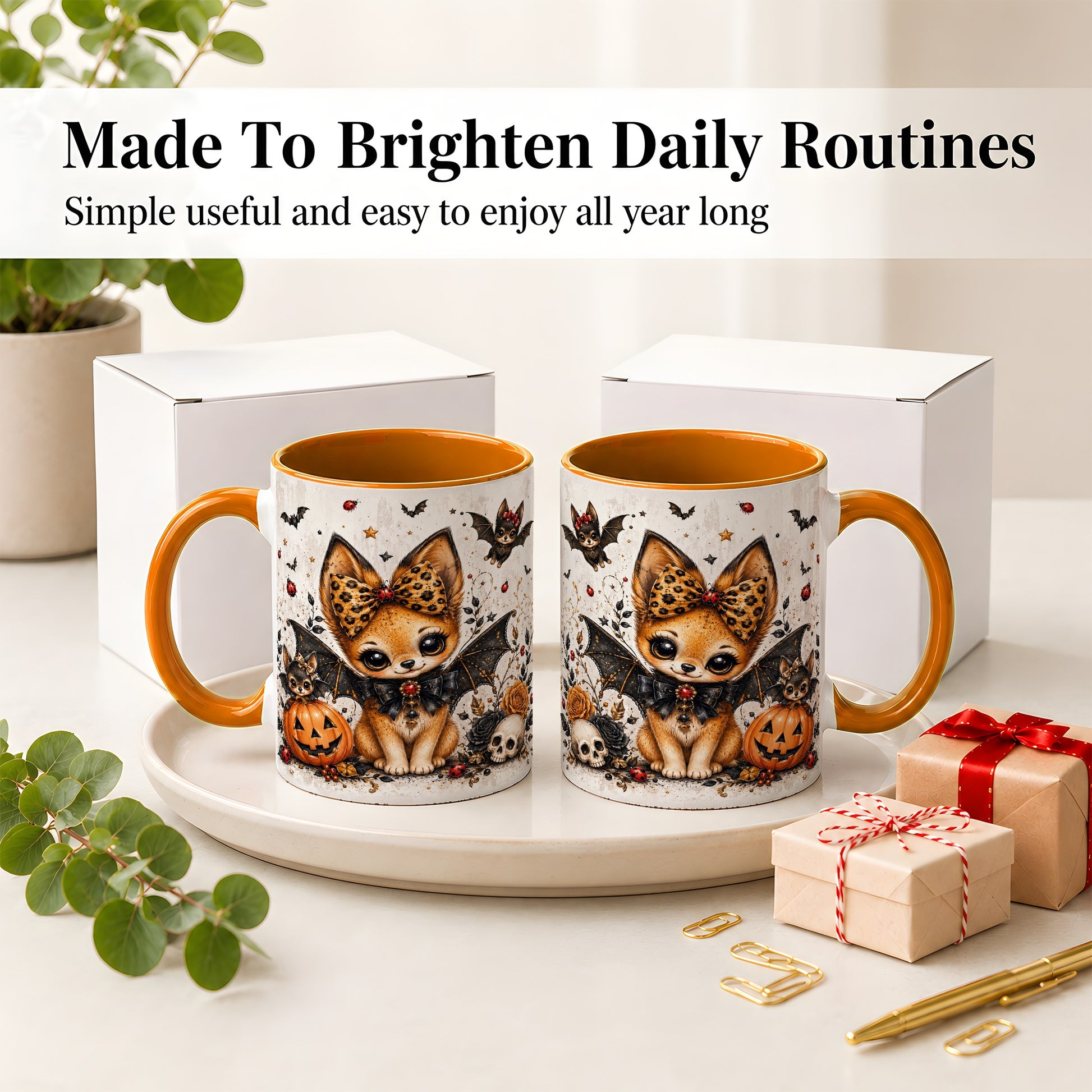 #pl[11oz|Orange] Cute Halloween Fox Ceramic Coffee Cup, Mug with Bat Wing Artwork