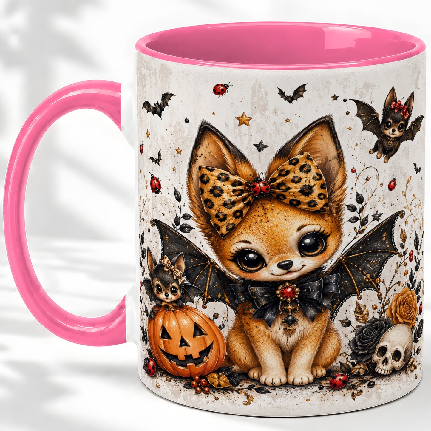 #pl[11oz|Pink] Cute Halloween Fox Ceramic Coffee Cup, Mug with Bat Wing Artwork