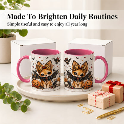 #pl[11oz|Pink] Cute Halloween Fox Ceramic Coffee Cup, Mug with Bat Wing Artwork