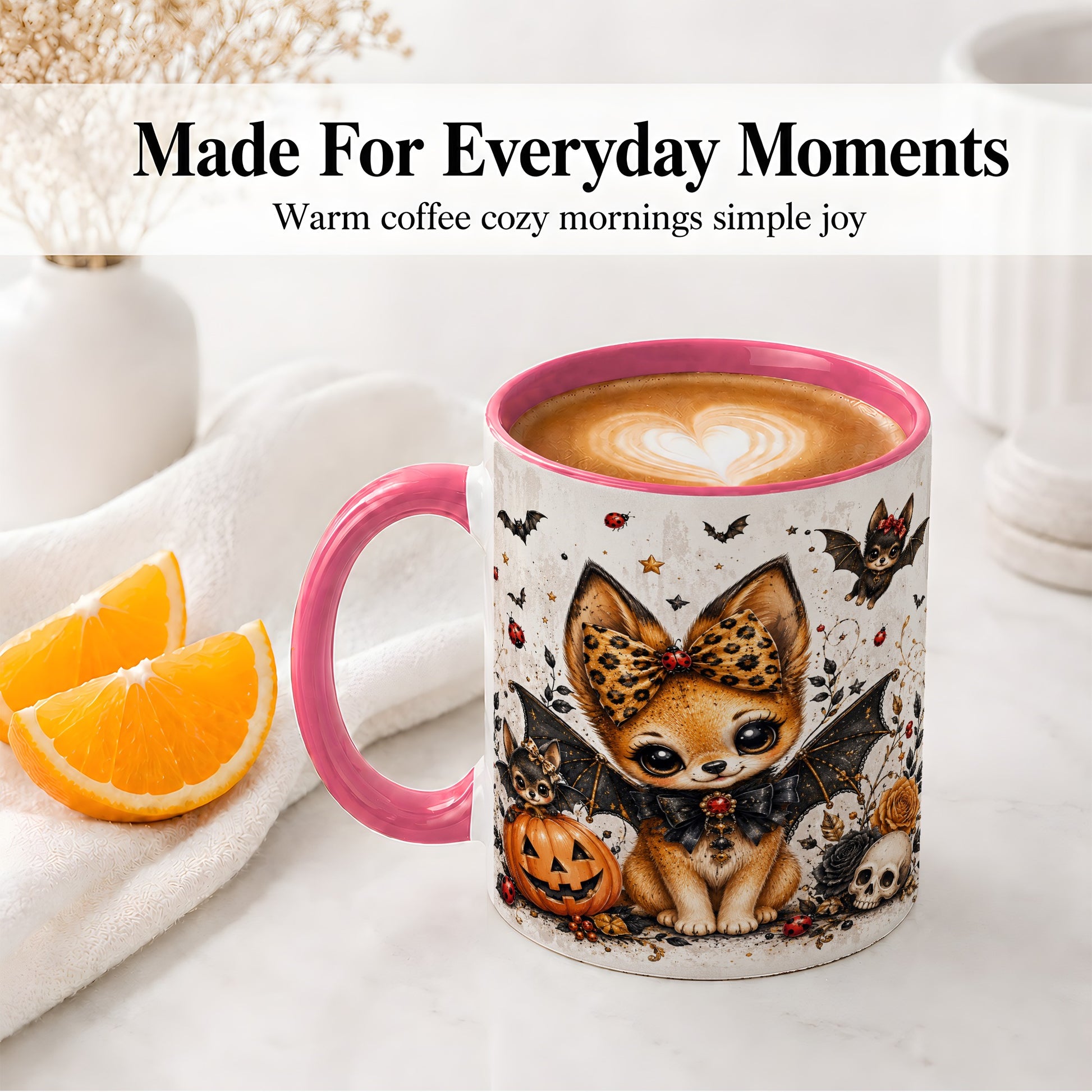#pl[11oz|Pink] Cute Halloween Fox Ceramic Coffee Cup, Mug with Bat Wing Artwork
