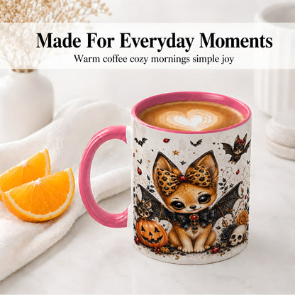 #pl[11oz|Pink] Cute Halloween Fox Ceramic Coffee Cup, Mug with Bat Wing Artwork