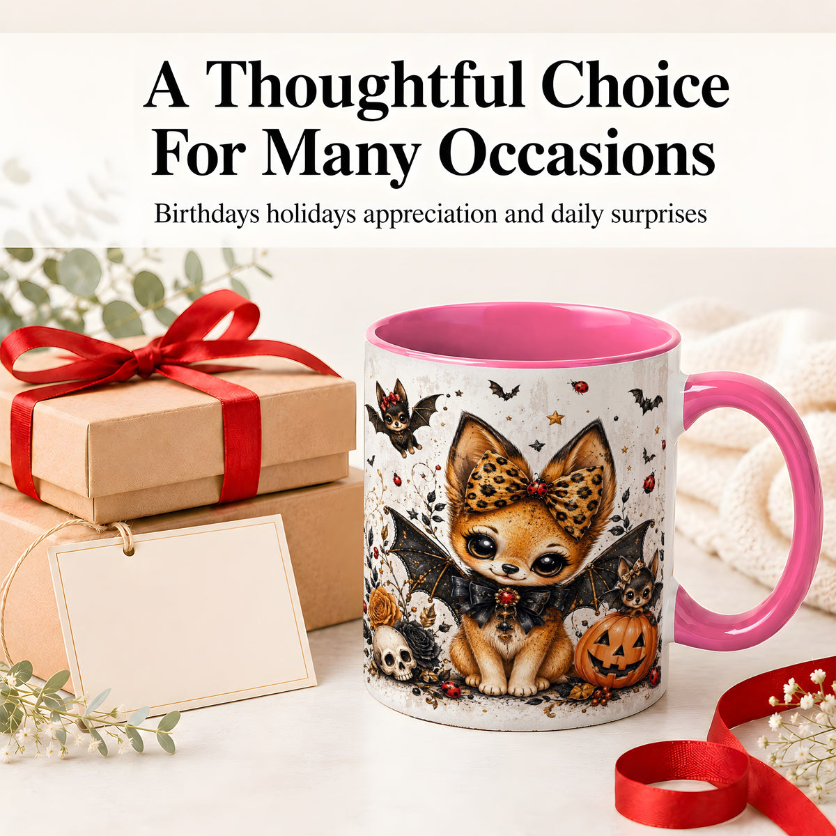 #pl[11oz|Pink] Cute Halloween Fox Ceramic Coffee Cup, Mug with Bat Wing Artwork