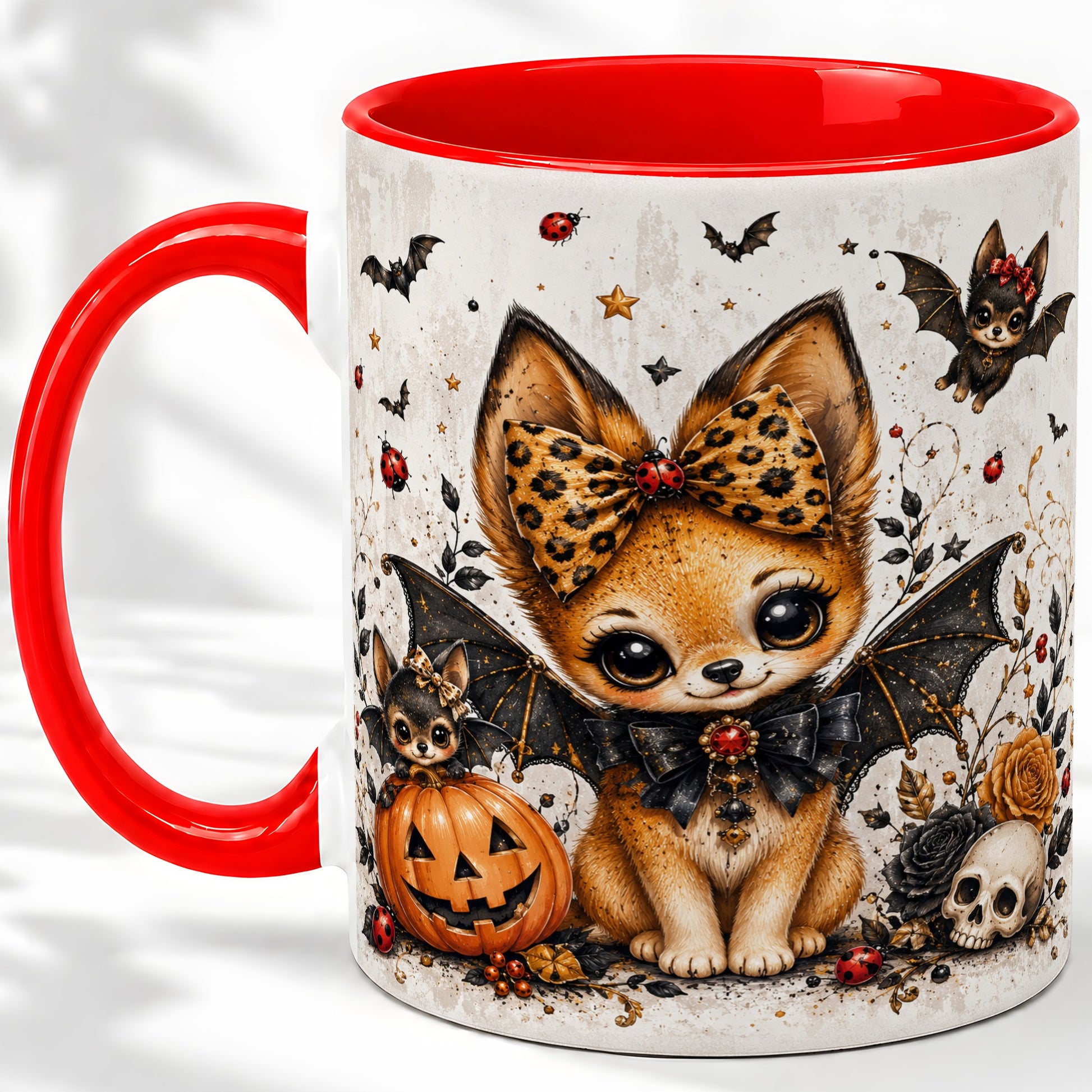 Cute Halloween Fox Ceramic Coffee Cup, Mug with Bat Wing Artwork