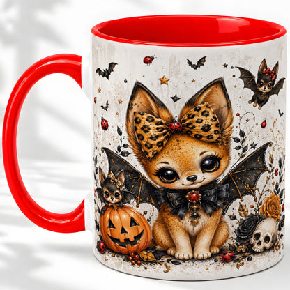 Cute Halloween Fox Ceramic Coffee Cup, Mug with Bat Wing Artwork