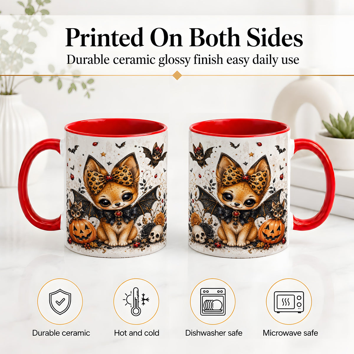 #pl[11oz|Red] Cute Halloween Fox Ceramic Coffee Cup, Mug with Bat Wing Artwork