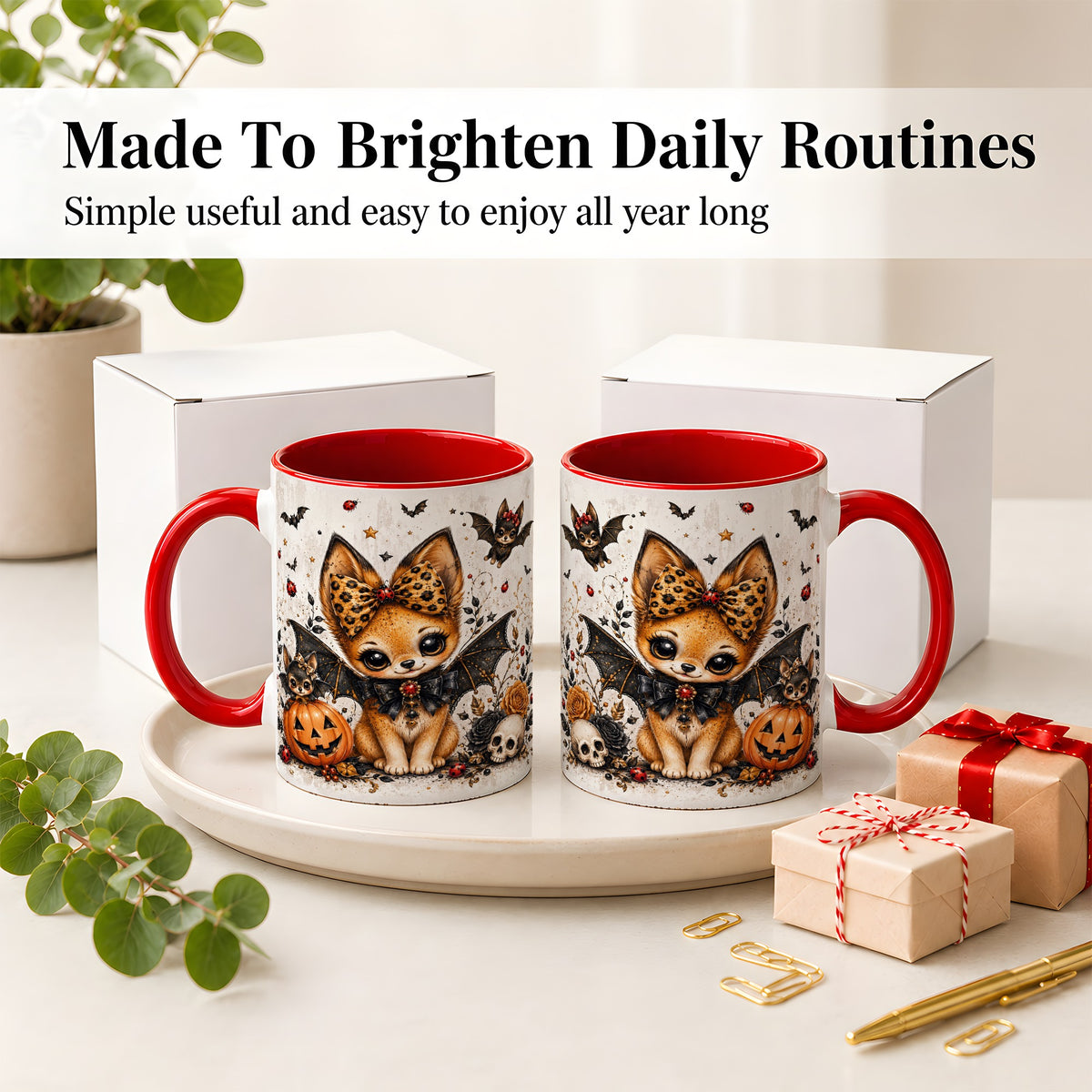 #pl[11oz|Red] Cute Halloween Fox Ceramic Coffee Cup, Mug with Bat Wing Artwork
