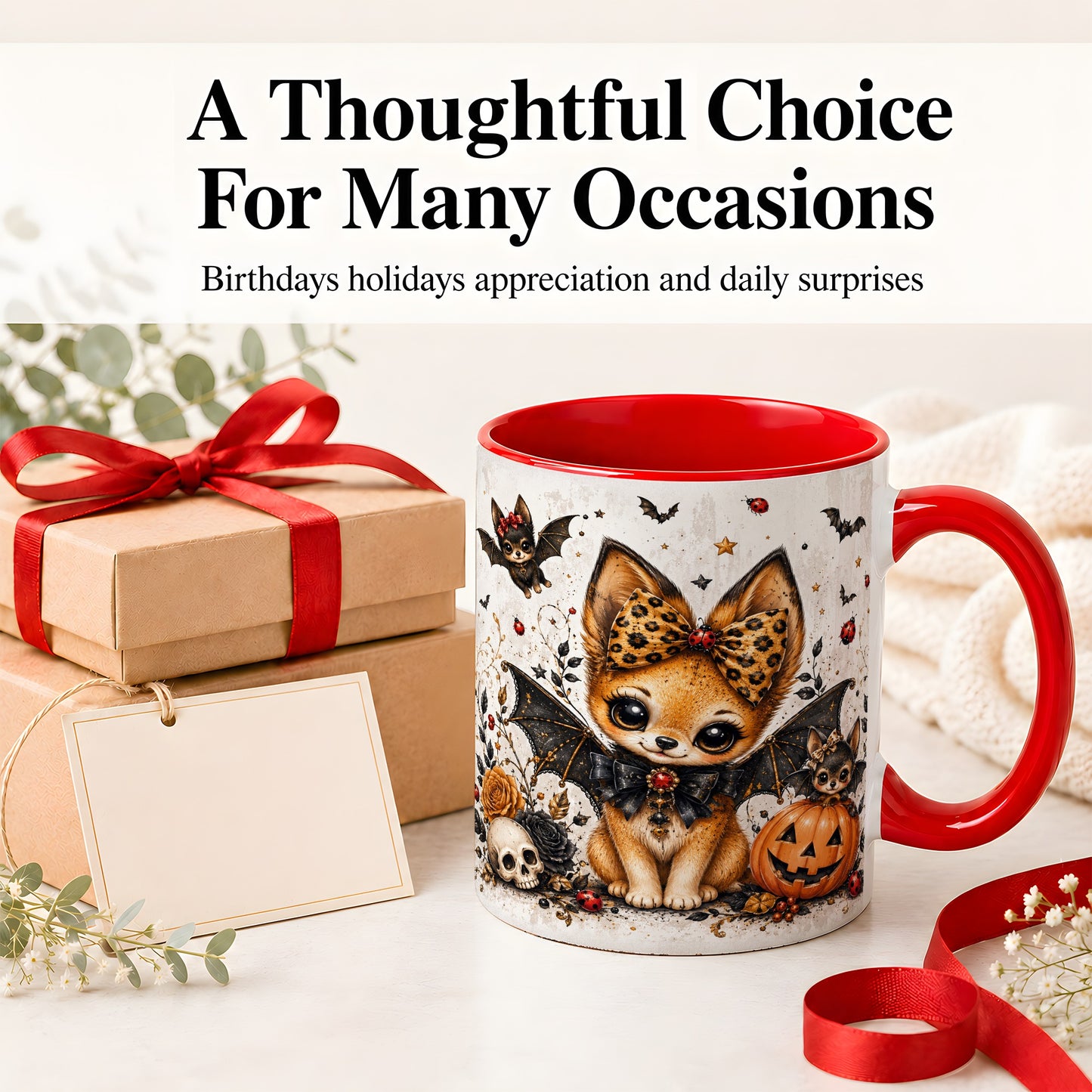 #pl[11oz|Red] Cute Halloween Fox Ceramic Coffee Cup, Mug with Bat Wing Artwork
