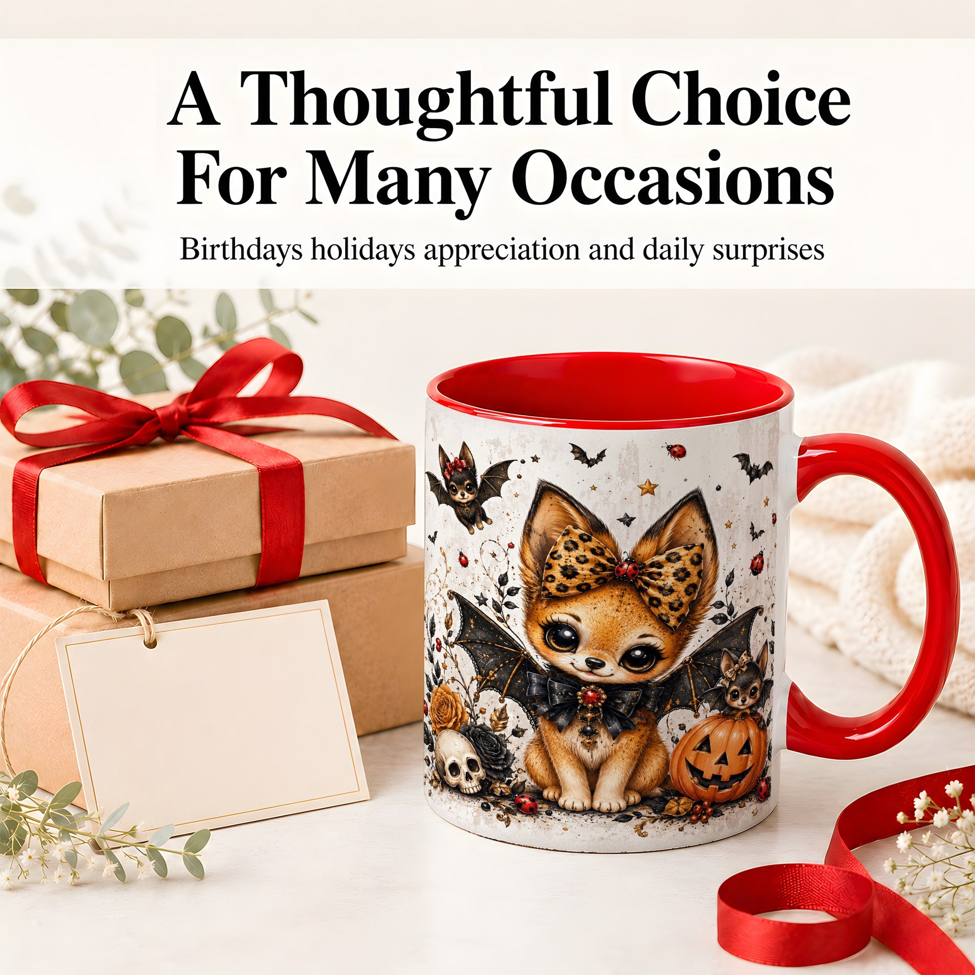 #pl[11oz|Red] Cute Halloween Fox Ceramic Coffee Cup, Mug with Bat Wing Artwork