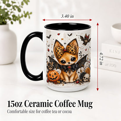 #pl[15oz|Black] Cute Halloween Fox Ceramic Coffee Cup, Mug with Bat Wing Artwork