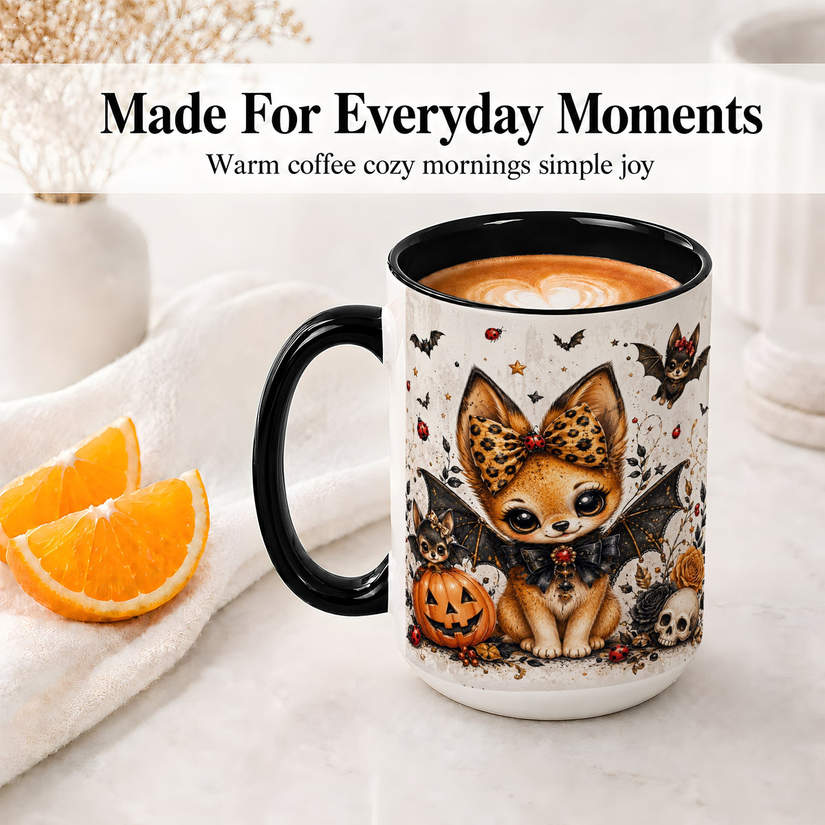 #pl[15oz|Black] Cute Halloween Fox Ceramic Coffee Cup, Mug with Bat Wing Artwork