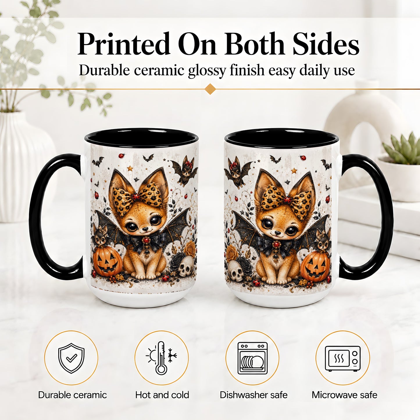 #pl[15oz|Black] Cute Halloween Fox Ceramic Coffee Cup, Mug with Bat Wing Artwork