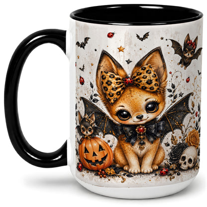 #pl[15oz|Black] Cute Halloween Fox Ceramic Coffee Cup, Mug with Bat Wing Artwork