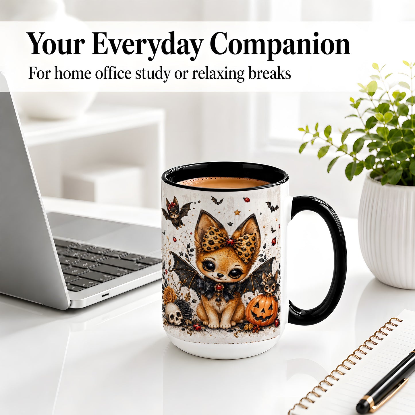 #pl[15oz|Black] Cute Halloween Fox Ceramic Coffee Cup, Mug with Bat Wing Artwork
