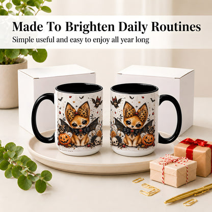 #pl[15oz|Black] Cute Halloween Fox Ceramic Coffee Cup, Mug with Bat Wing Artwork