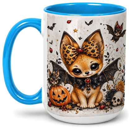#pl[15oz|Blue] Cute Halloween Fox Ceramic Coffee Cup, Mug with Bat Wing Artwork