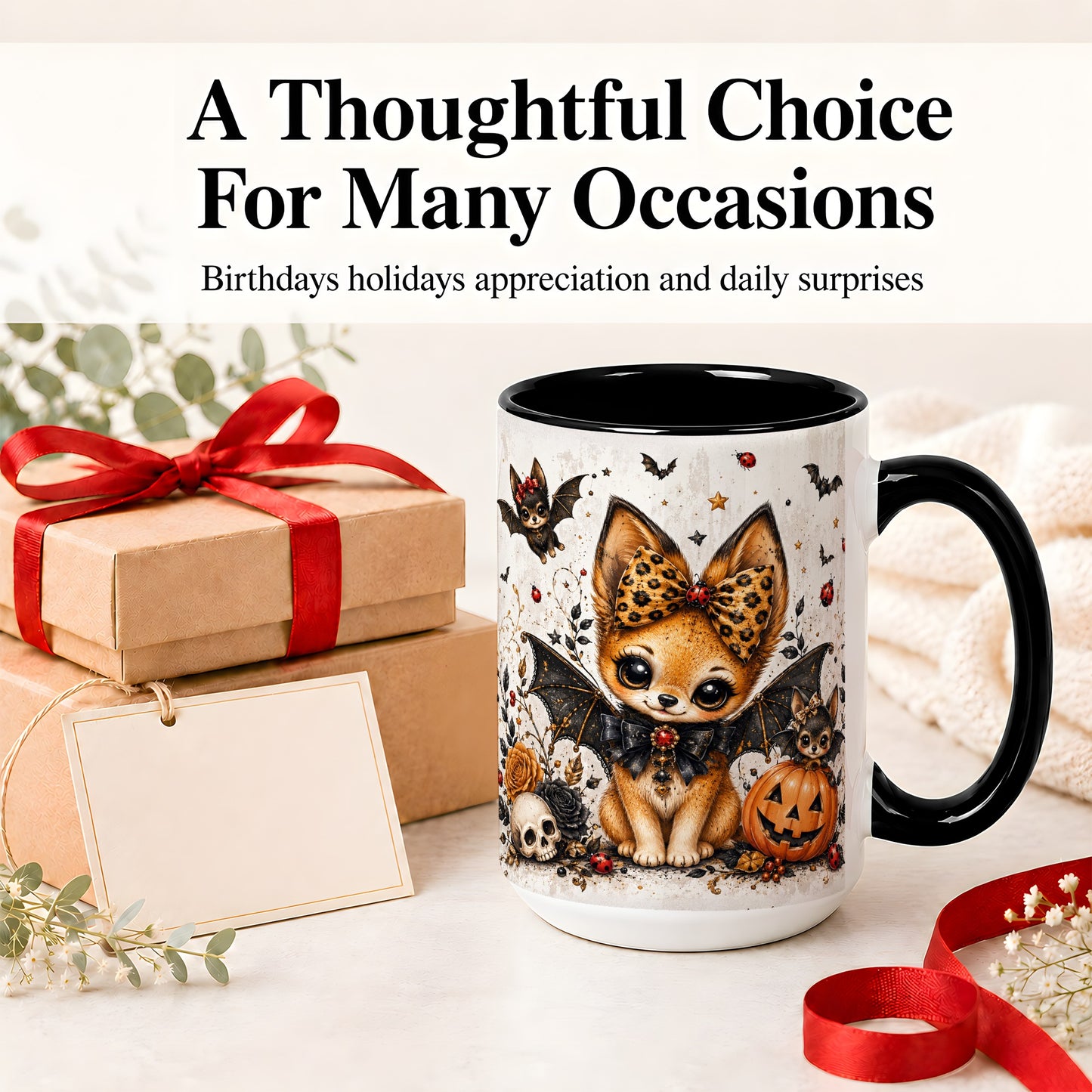 #pl[15oz|Black] Cute Halloween Fox Ceramic Coffee Cup, Mug with Bat Wing Artwork