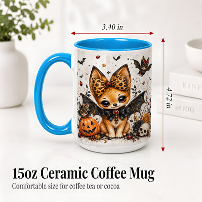 #pl[15oz|Blue] Cute Halloween Fox Ceramic Coffee Cup, Mug with Bat Wing Artwork