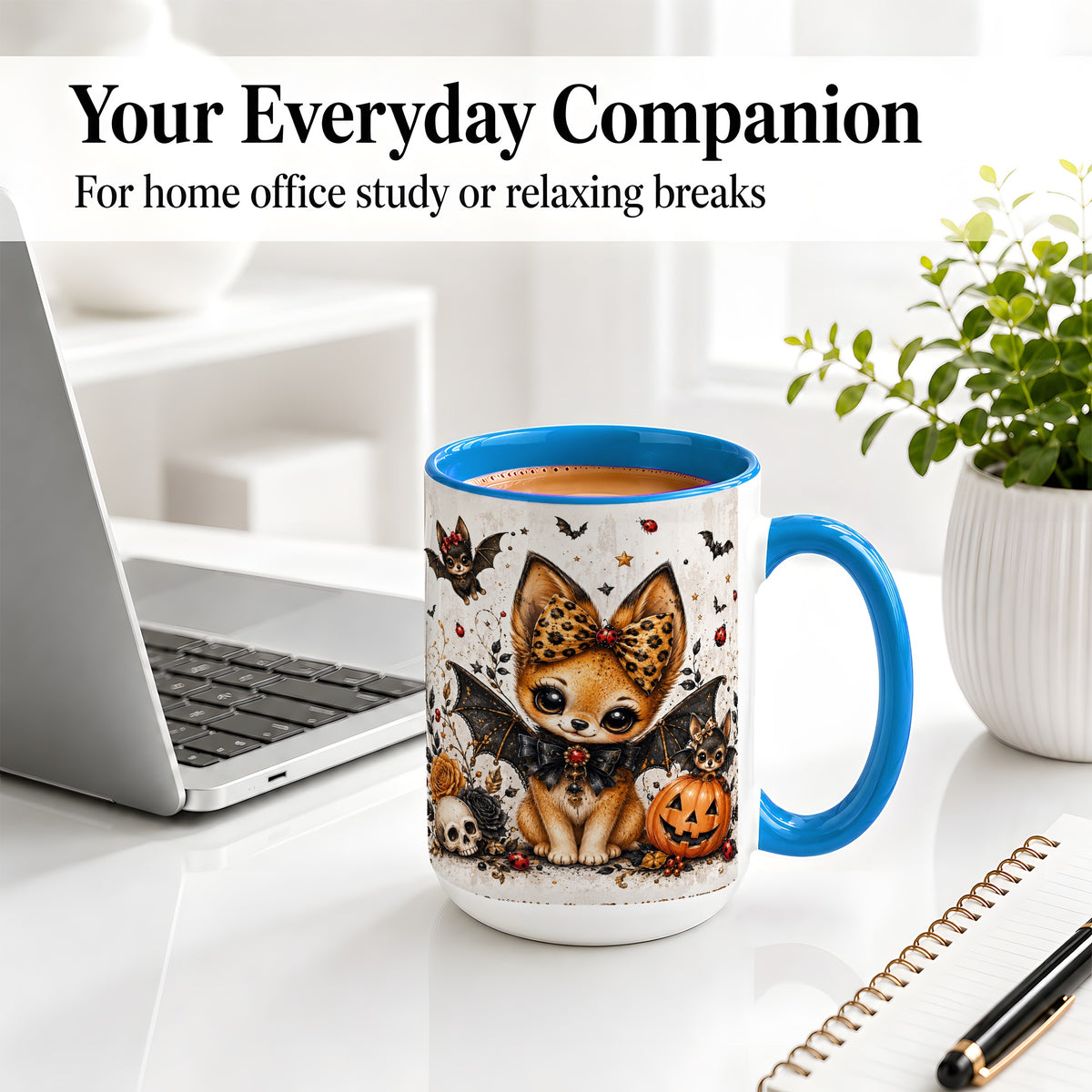 #pl[15oz|Blue] Cute Halloween Fox Ceramic Coffee Cup, Mug with Bat Wing Artwork