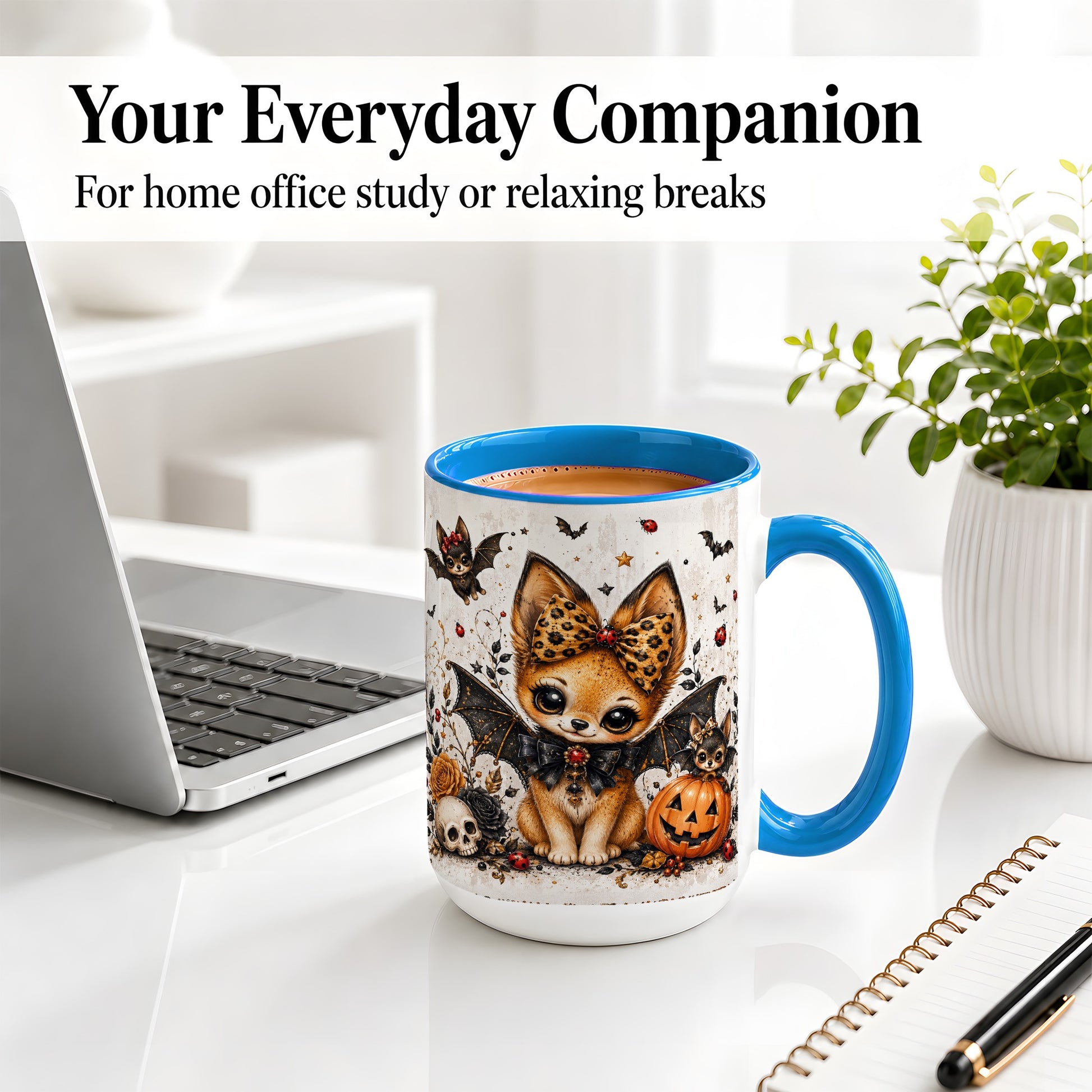 #pl[15oz|Blue] Cute Halloween Fox Ceramic Coffee Cup, Mug with Bat Wing Artwork