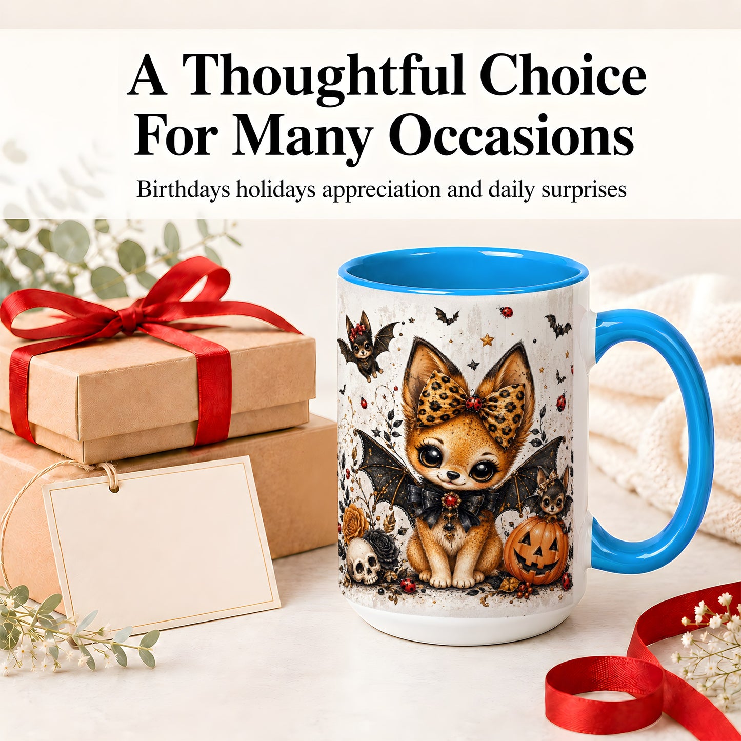 #pl[15oz|Blue] Cute Halloween Fox Ceramic Coffee Cup, Mug with Bat Wing Artwork