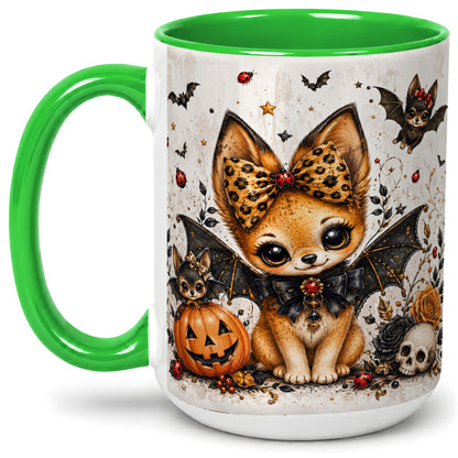 #pl[15oz|Green] Cute Halloween Fox Ceramic Coffee Cup, Mug with Bat Wing Artwork