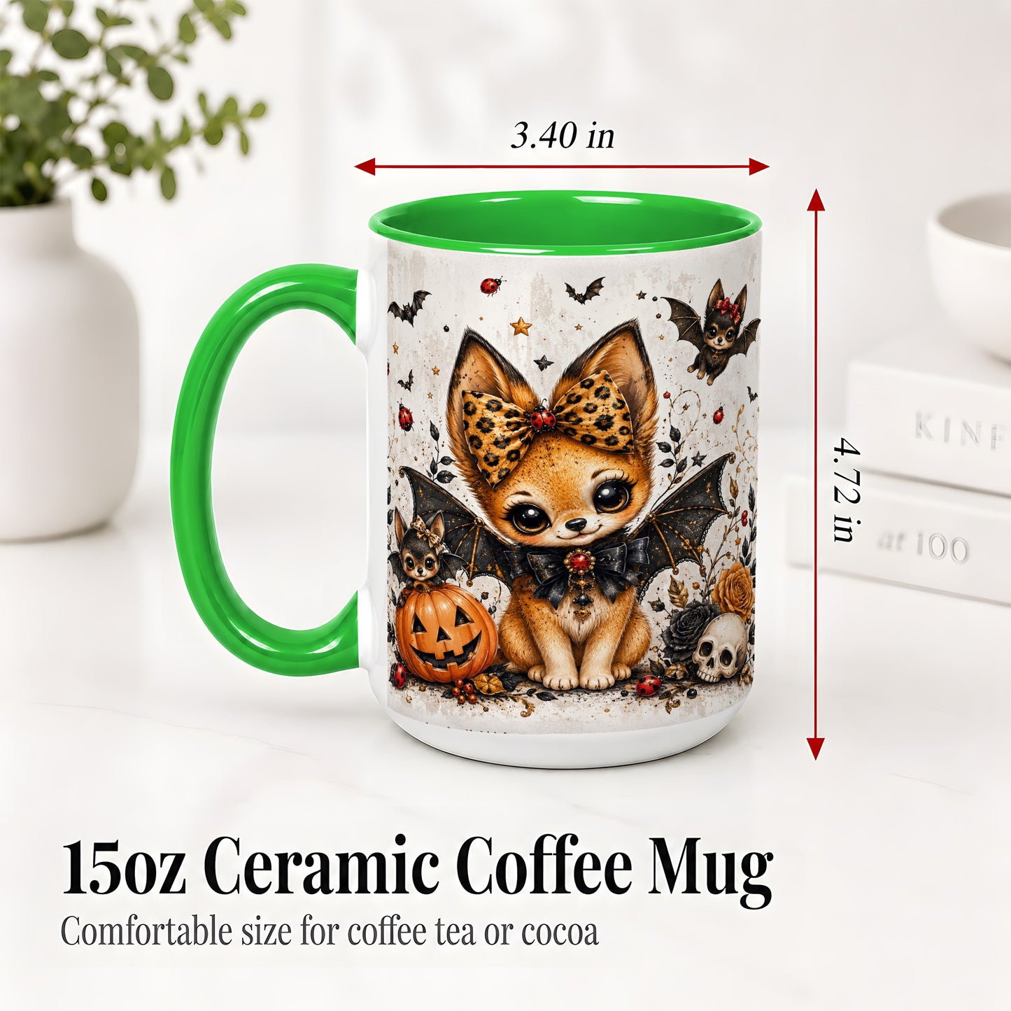 #pl[15oz|Green] Cute Halloween Fox Ceramic Coffee Cup, Mug with Bat Wing Artwork