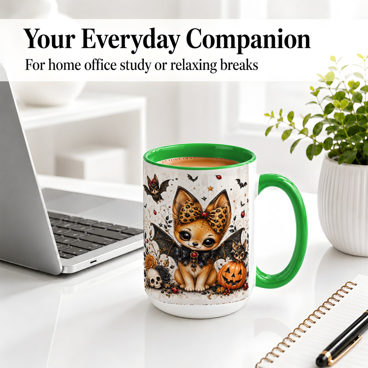#pl[15oz|Green] Cute Halloween Fox Ceramic Coffee Cup, Mug with Bat Wing Artwork