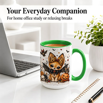 #pl[15oz|Green] Cute Halloween Fox Ceramic Coffee Cup, Mug with Bat Wing Artwork
