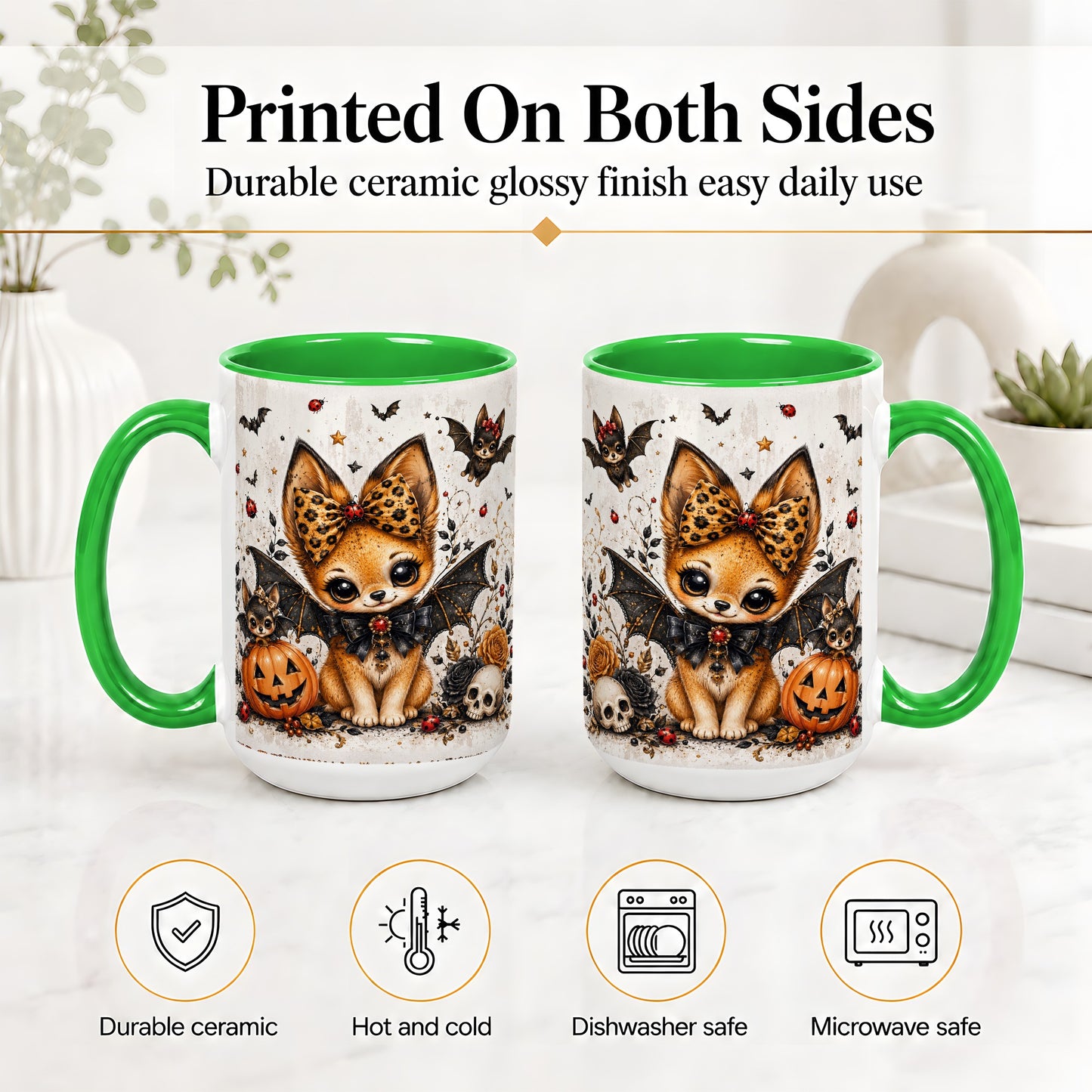 #pl[15oz|Green] Cute Halloween Fox Ceramic Coffee Cup, Mug with Bat Wing Artwork