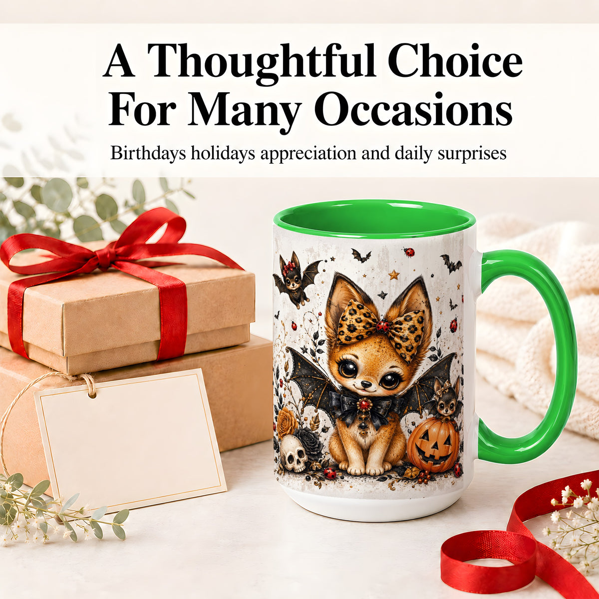 #pl[15oz|Green] Cute Halloween Fox Ceramic Coffee Cup, Mug with Bat Wing Artwork
